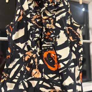 J. Crew Black and Orange Sleeveless Graphic Blouse